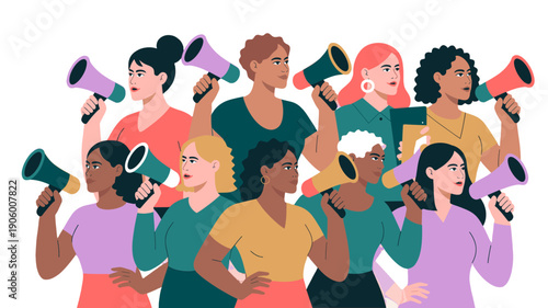A group of diverse women united with megaphone.