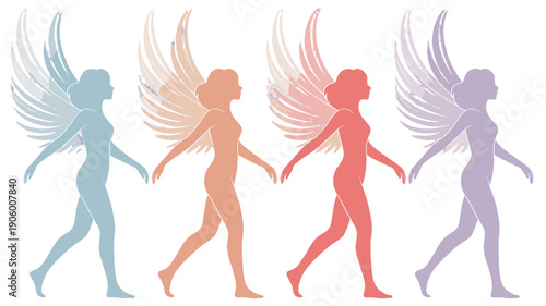 Silhouette of angel walking with colorful background.