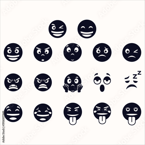 A curated set of 17 dark blue icons featuring diverse emoji and facial expressions for digital communication