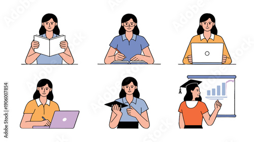 Woman Student Studying and Working with Books and Devices.