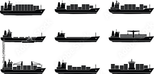 Black Silhouette Set of Cargo Ships, Container Vessels, and Industrial Merchant Boats for Global Maritime Logistics, Ocean Freight, and Shipping.