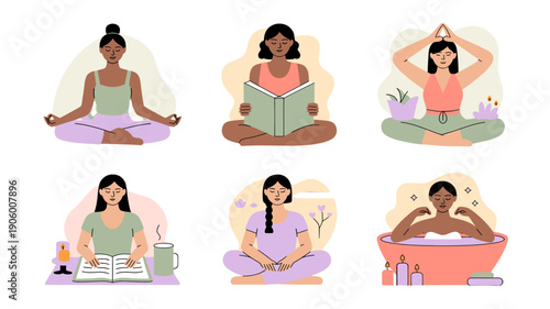 Women in various activities, each focusing on their well-being.