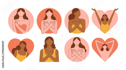 Self-love icons representing women's body positive attitude and support.