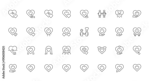 Love and Relationship Line Icons Set, Romantic Hearts and Affection Symbols, isolated white background.