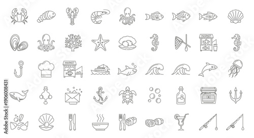 Seafood and Marine Life Line Icons Set, Ocean Creatures and Culinary Delights, isolated white background.