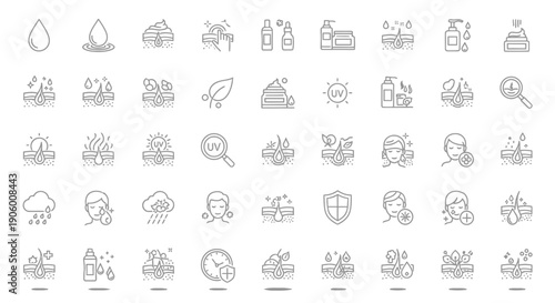 Skincare, Beauty, Cosmetics, and Dermatology Line Icons on Isolated White Background