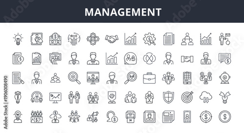 Management and Business Line Icons Set with Human Resources, Teamwork, and Corporate Strategy Symbols on Isolated White Background