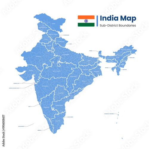 Detailed vector map of India showcasing comprehensive administrative divisions including state, district, and sub-district boundaries