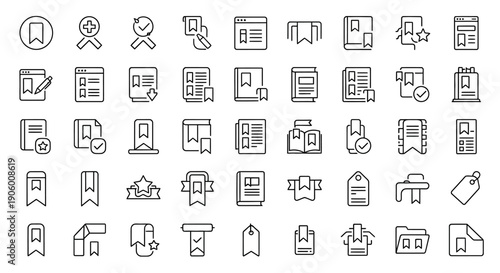 Outline icons set of document, file management, office, and data organization in bright studio.