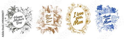 Elegant floral frames with heartfelt messages celebrate Mother's Day. Each design features intricate flowers and loving words, perfect for expressing gratitude and love.