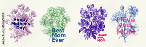Celebrate Mother's Day with this elegant illustration featuring floral bouquets and heartfelt messages. Perfect for cards, gifts, or decorations to honor mothers everywhere.
