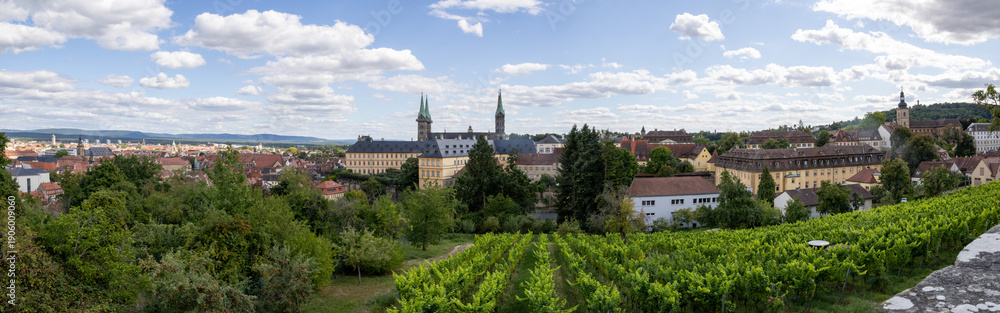 Obraz premium View from Michelsberg Monastery (Kloster St. Michael) in Bamberg, Bavaria, Germany, overlooking historic old town, vineyards and gardens, scenic UNESCO city panorama and European travel landmark.