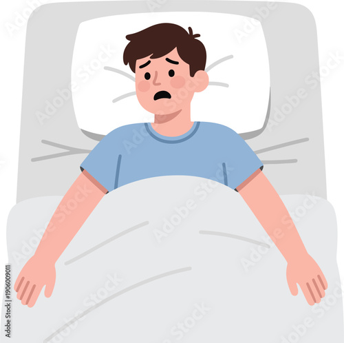 Stressed and tired boy with insomnia lying in bed, minimalist cartoon vector illustration