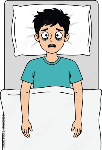 Exhausted young man with dark eye circles lying awake in bed, clean flat vector illustration