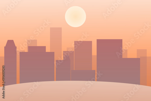 cinimal flat city skyline background with soft pastel sunset