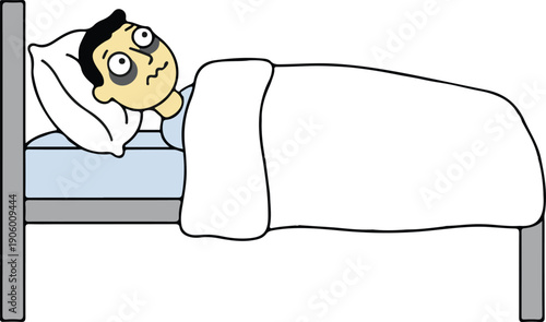 Stressed man with dark circles under his eyes lying in bed looking at the ceiling, minimalist cartoon vector illustration