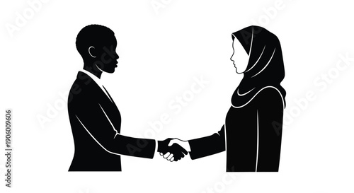 A man and woman shake hands depicting unity and respect silhouette