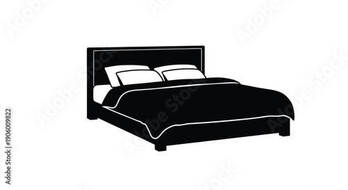 Black bed frame with pillows and bedding simple silhouette