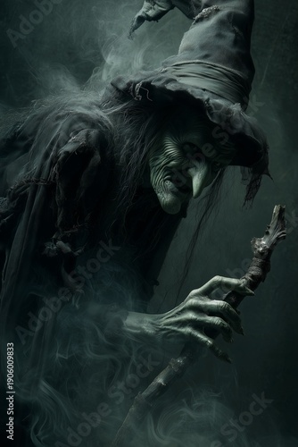 A hooded witch with a gnarled staff emerges from mist, her face shadowed. The eerie, dim lighting creates a mysterious, foreboding scene.