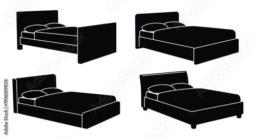 Four bed designs displayed in a stark black silhouette