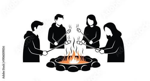 People roasting marshmallows around a campfire a striking silhouette