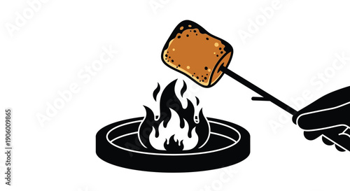 Marshmallow roasting over a campfire depicted in black silhouette