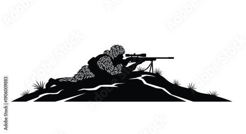 Sniper in prone position overlooking terrain a dramatic silhouette