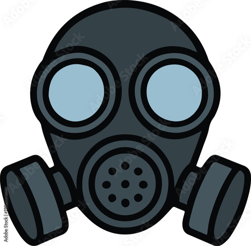 Dark protective gas mask with dual filters and round glass eyepieces, flat icon vector illustration