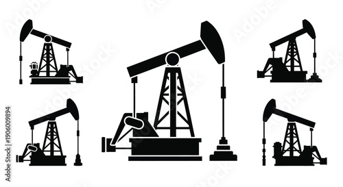 Oil pumps and derricks depicted in a stark black silhouette