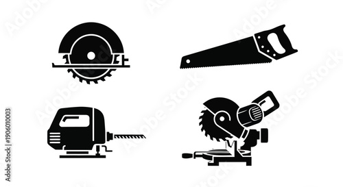 Four power tools depicted in black simple graphic silhouette