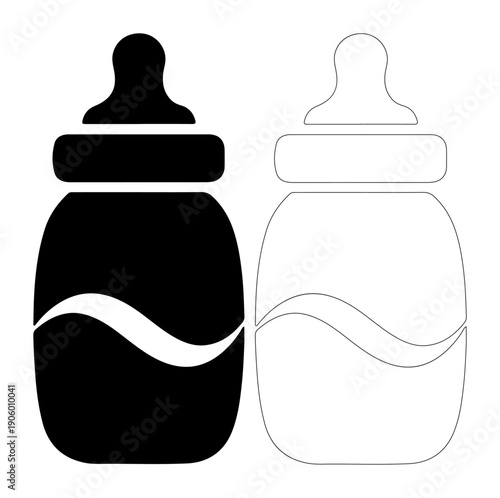 Simple black and white icons of baby bottles, representing feeding and care for infants.