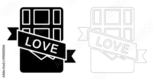 Sweet chocolate bar with ribbon displaying the word LOVE, symbolizing affection and treats.