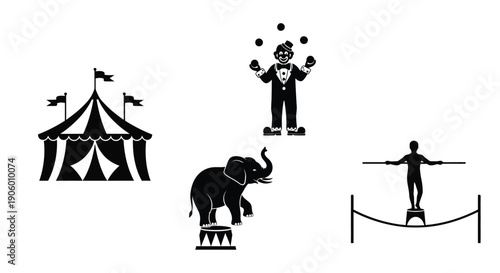 Circus elements including a clown elephant and tightrope walker silhouette