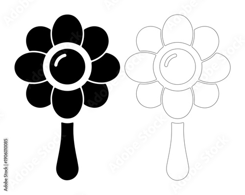 Simple flower shape toy with handle, shown in solid black and outline versions