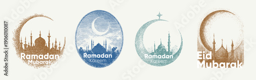 Illustration featuring four designs celebrating Ramadan and Eid, showcasing mosques and crescent moons. Each design is uniquely styled with intricate details and vibrant colors.