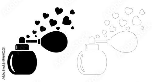 Elegant perfume bottle releasing a cloud of hearts, symbolizing love and romance