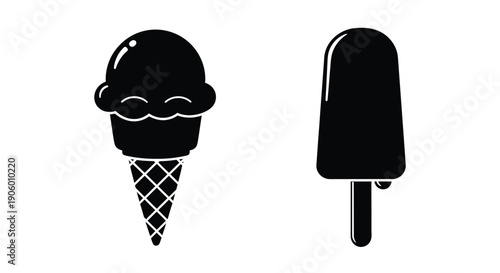 Two frozen desserts a cone and popsicle in black silhouette