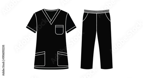 Black medical scrubs set displayed flat lay illustration silhouette