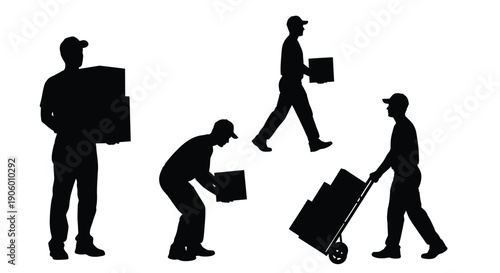 Movers carrying boxes and using a dolly a dramatic silhouette