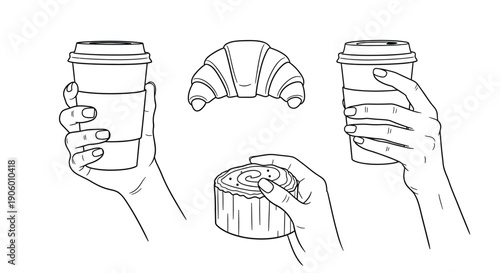 Hands holding coffee croissant and muffin in a black outline silhouette