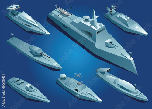 Marine unmanned boats. Icon set. Combat naval drones in isometric format on isolated background