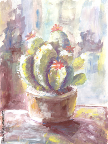 Canvas Print Blooming cactus in a pot, hand-painted tempera illustration on paper with limited color palette