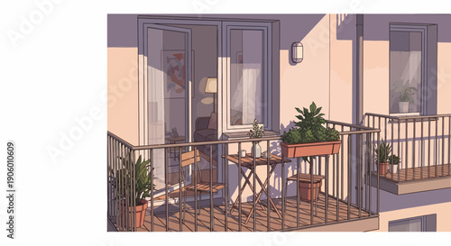Cozy balcony with furniture and potted plants in a modern building.