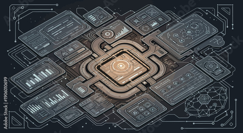 Futuristic Microchip Circuit Board with Interconnected Components.