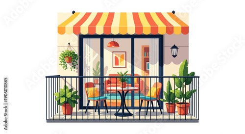 Colorful outdoor cafe with striped awning and potted plants.