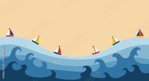 Colorful illustration of sailboats on ocean waves against a warm background with copy space