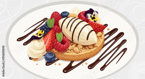 Delicious dessert with ice cream, fresh berries, and chocolate sauce on a white plate.