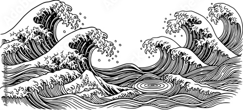 Asian japanese or chinese sea waves, vector oriental art. Vintage asian waves with ocean and sea water flow texture. Blue line splashes and tsunami surf with water swirls and ripples pattern