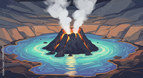 Volcanic Eruption in a Caldera Lake with Lava and Smoke.