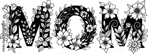 Floral MOM lettering typography design with flowers inside letters vector illustration black and white

